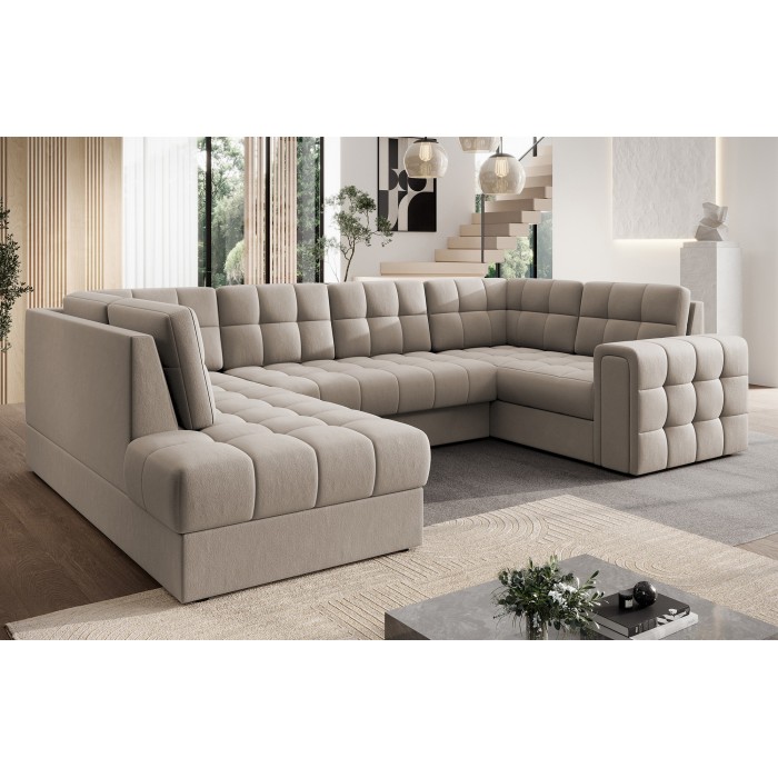 Canapé d’angle convertible MONTEZA beige gauche 299 cm avec coffre et couchage 