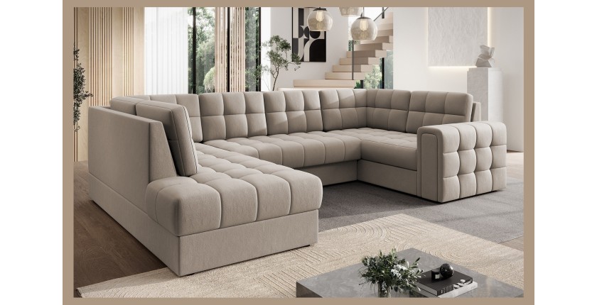 Canapé d’angle convertible MONTEZA beige gauche 299 cm avec coffre et couchage 