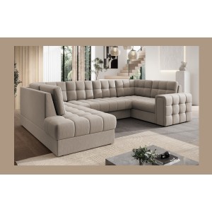 Canapé d’angle convertible MONTEZA beige gauche 299 cm avec coffre et couchage 