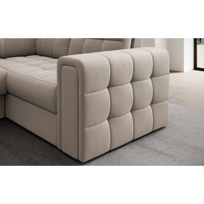 Canapé d’angle convertible MONTEZA beige gauche 299 cm avec coffre et couchage 