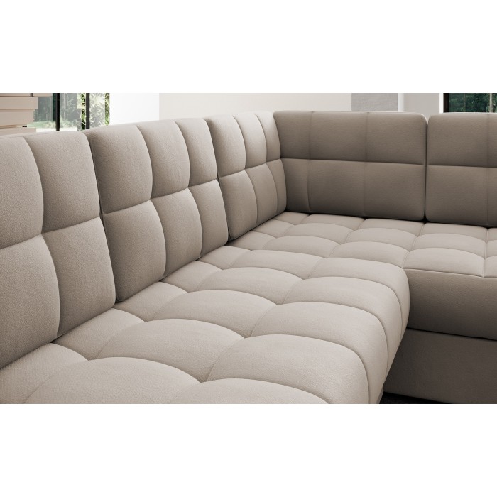 Canapé d’angle convertible MONTEZA beige gauche 299 cm avec coffre et couchage 