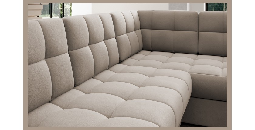 Canapé d’angle convertible MONTEZA beige gauche 299 cm avec coffre et couchage 