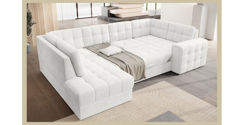 Canapé d’angle convertible MONTEZA blanc gauche 299 cm avec coffre et couchage 