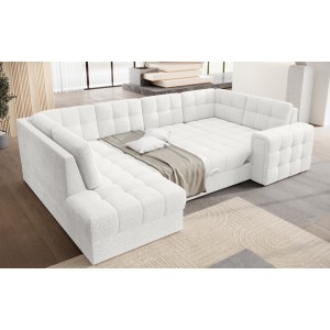 Canapé d’angle convertible MONTEZA blanc gauche 299 cm avec coffre et couchage 