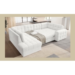 Canapé d’angle convertible MONTEZA blanc gauche 299 cm avec coffre et couchage 