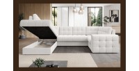 Canapé d’angle convertible MONTEZA blanc gauche 299 cm avec coffre et couchage 