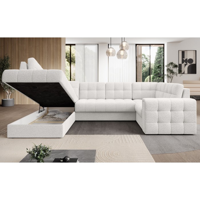 Canapé d’angle convertible MONTEZA blanc gauche 299 cm avec coffre et couchage 