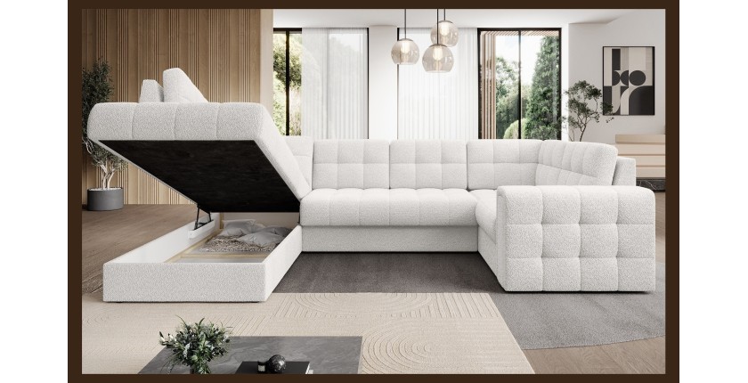 Canapé d’angle convertible MONTEZA blanc gauche 299 cm avec coffre et couchage 