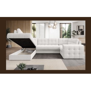 Canapé d’angle convertible MONTEZA blanc gauche 299 cm avec coffre et couchage 