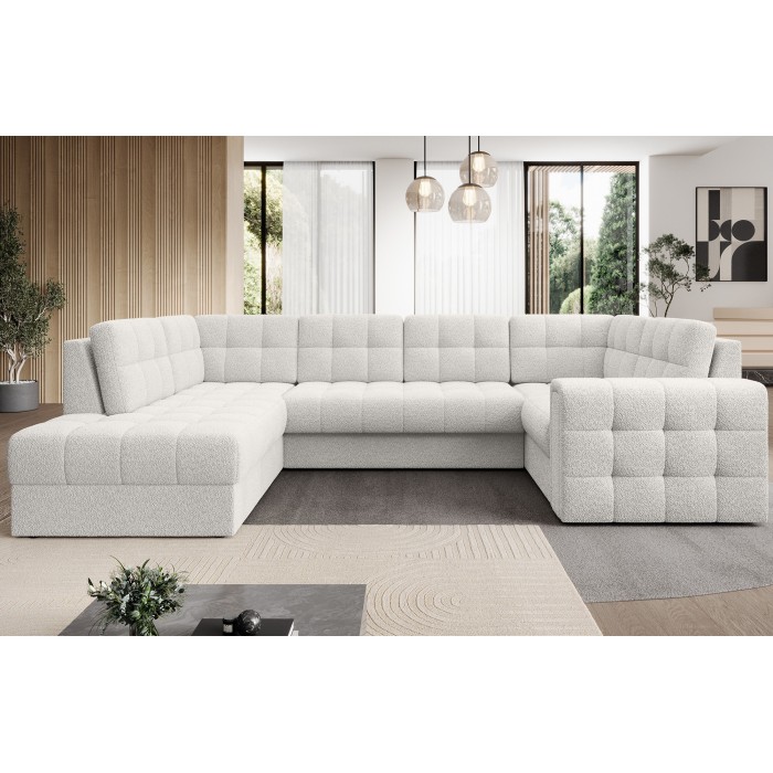 Canapé d’angle convertible MONTEZA blanc gauche 299 cm avec coffre et couchage 