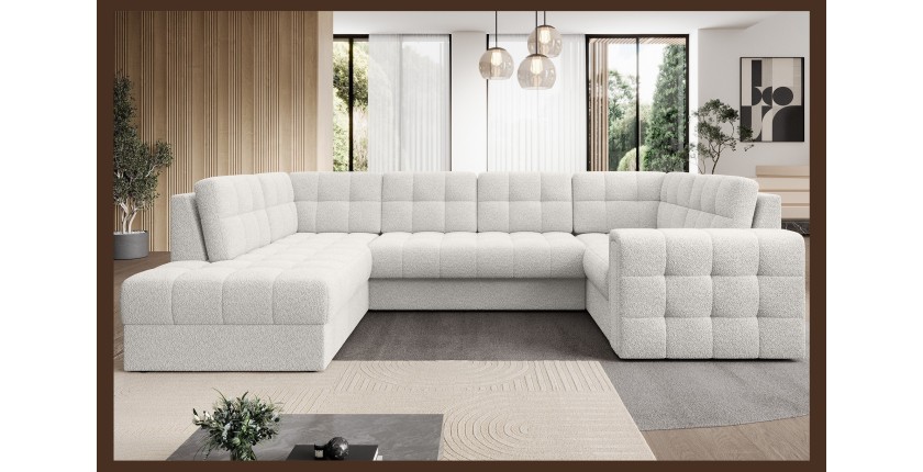 Canapé d’angle convertible MONTEZA blanc gauche 299 cm avec coffre et couchage 