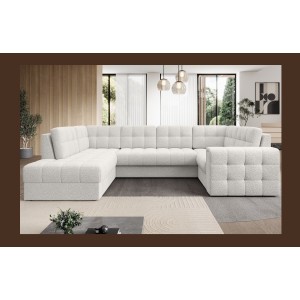 Canapé d’angle convertible MONTEZA blanc gauche 299 cm avec coffre et couchage 