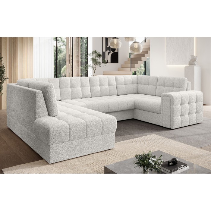 Canapé d’angle convertible MONTEZA blanc gauche 299 cm avec coffre et couchage 