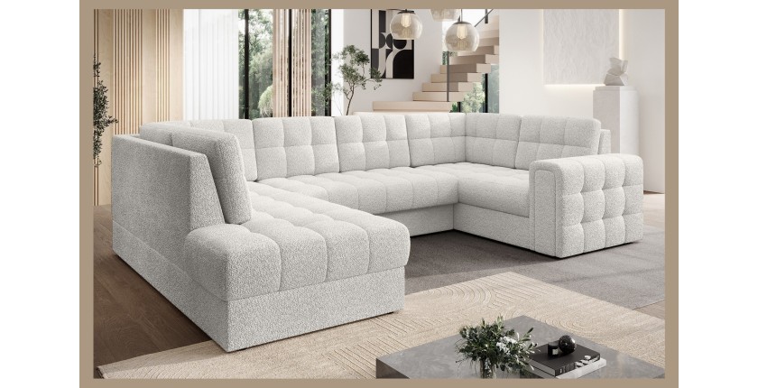 Canapé d’angle convertible MONTEZA blanc gauche 299 cm avec coffre et couchage 
