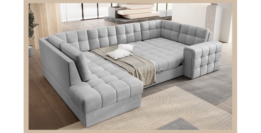 Canapé d’angle convertible MONTEZA gris gauche 299 cm avec coffre et couchage 