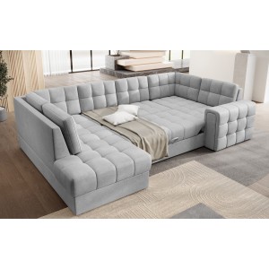 Canapé d’angle convertible MONTEZA gris gauche 299 cm avec coffre et couchage 