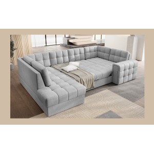 Canapé d’angle convertible MONTEZA gris gauche 299 cm avec coffre et couchage 