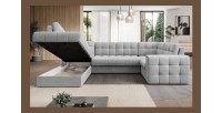 Canapé d’angle convertible MONTEZA gris gauche 299 cm avec coffre et couchage 