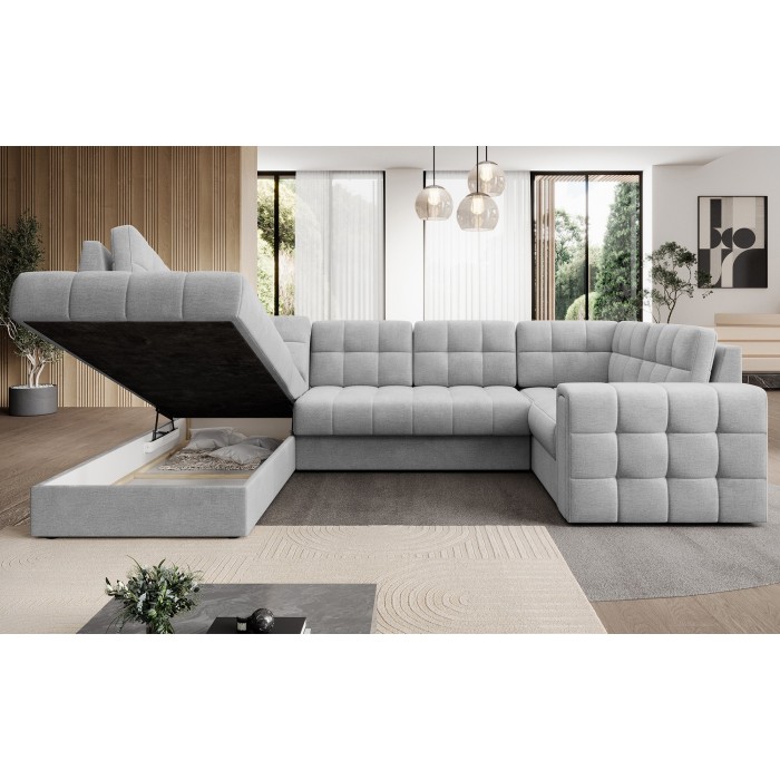 Canapé d’angle convertible MONTEZA gris gauche 299 cm avec coffre et couchage 