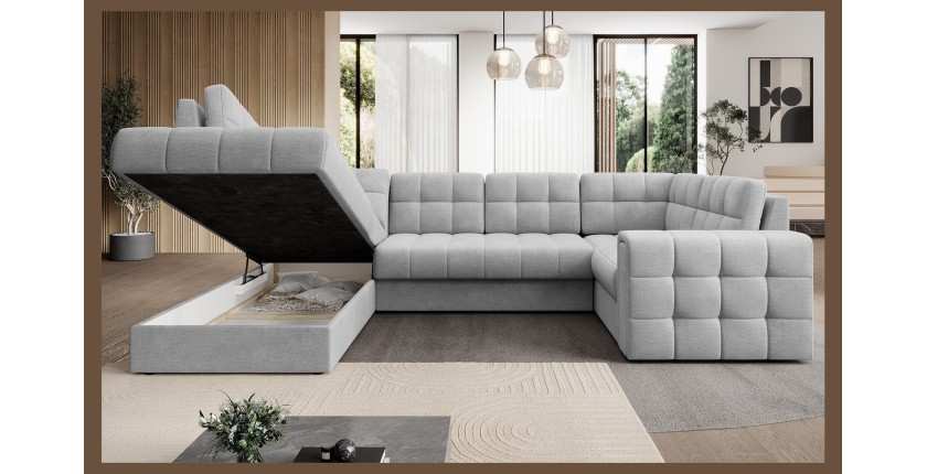 Canapé d’angle convertible MONTEZA gris gauche 299 cm avec coffre et couchage 