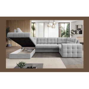 Canapé d’angle convertible MONTEZA gris gauche 299 cm avec coffre et couchage 