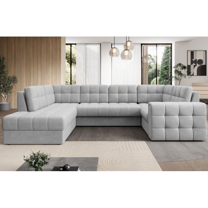 Canapé d’angle convertible MONTEZA gris gauche 299 cm avec coffre et couchage 