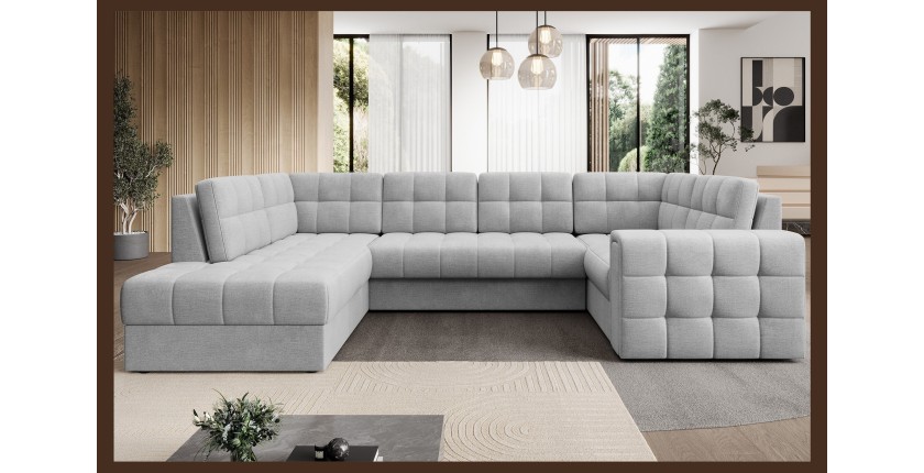 Canapé d’angle convertible MONTEZA gris gauche 299 cm avec coffre et couchage 