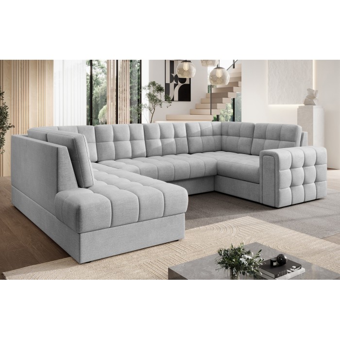 Canapé d’angle convertible MONTEZA gris gauche 299 cm avec coffre et couchage 