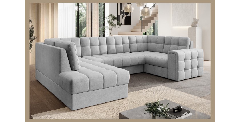 Canapé d’angle convertible MONTEZA gris gauche 299 cm avec coffre et couchage 
