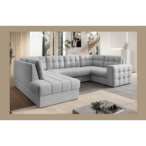 Canapé d’angle convertible MONTEZA gris gauche 299 cm avec coffre et couchage 