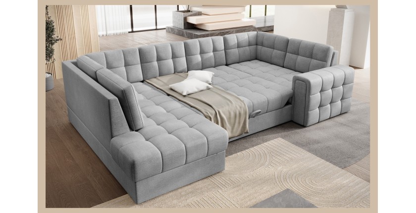 Canapé d’angle convertible MONTEZA gris gauche 299 cm avec coffre et couchage 