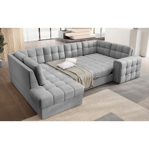 Canapé d’angle convertible MONTEZA gris gauche 299 cm avec coffre et couchage 