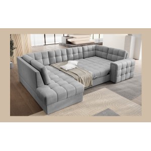 Canapé d’angle convertible MONTEZA gris gauche 299 cm avec coffre et couchage 