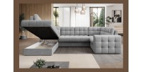 Canapé d’angle convertible MONTEZA gris gauche 299 cm avec coffre et couchage 
