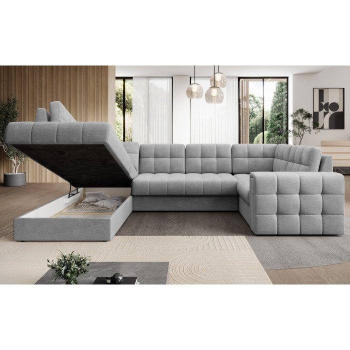 Canapé d’angle convertible MONTEZA gris gauche 299 cm avec coffre et couchage 
