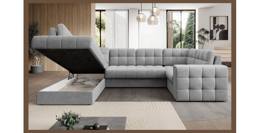 Canapé d’angle convertible MONTEZA gris gauche 299 cm avec coffre et couchage 