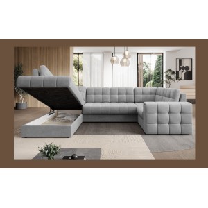 Canapé d’angle convertible MONTEZA gris gauche 299 cm avec coffre et couchage 
