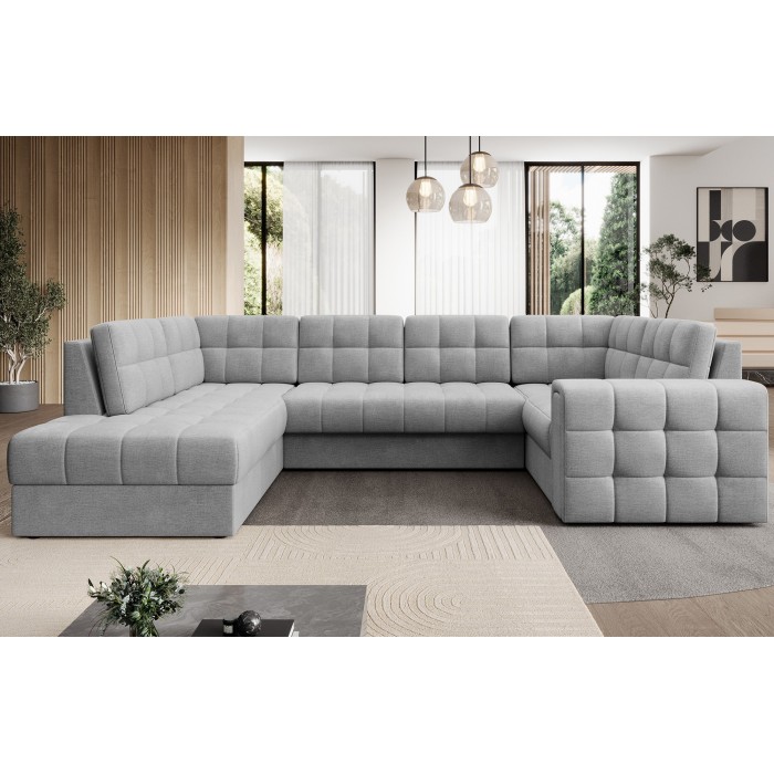 Canapé d’angle convertible MONTEZA gris gauche 299 cm avec coffre et couchage 