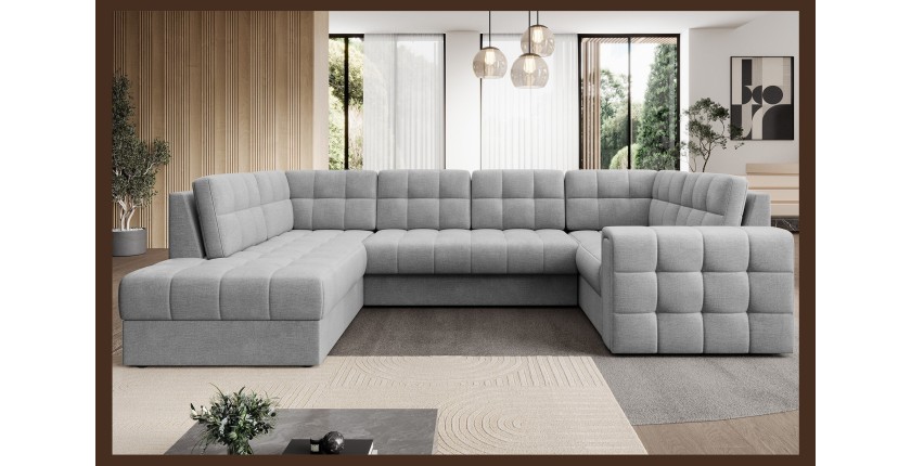 Canapé d’angle convertible MONTEZA gris gauche 299 cm avec coffre et couchage 