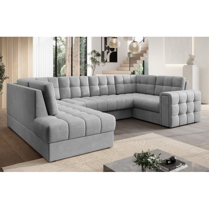 Canapé d’angle convertible MONTEZA gris gauche 299 cm avec coffre et couchage 