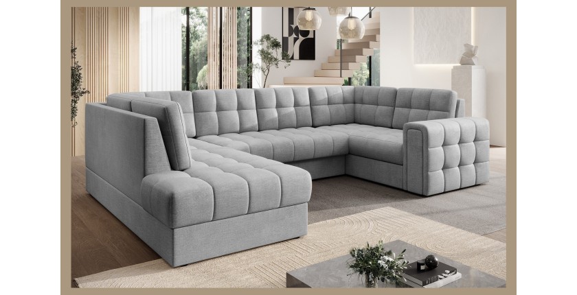 Canapé d’angle convertible MONTEZA gris gauche 299 cm avec coffre et couchage 
