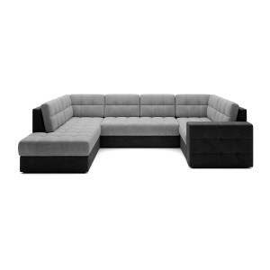 Canapé d’angle convertible MONTEZA gris et noir gauche 299 cm avec coffre et couchage 
