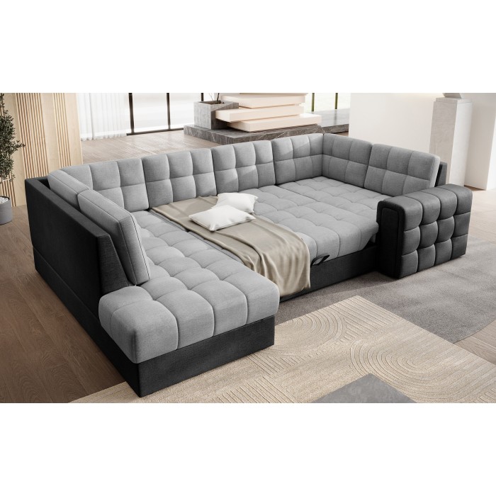 Canapé d’angle convertible MONTEZA gris et noir gauche 299 cm avec coffre et couchage 