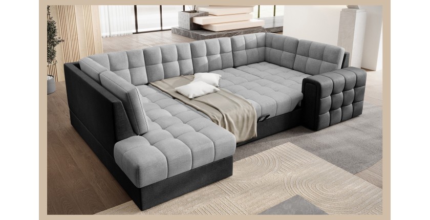 Canapé d’angle convertible MONTEZA gris et noir gauche 299 cm avec coffre et couchage 