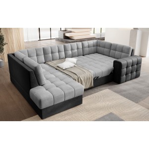 Canapé d’angle convertible MONTEZA gris et noir gauche 299 cm avec coffre et couchage 