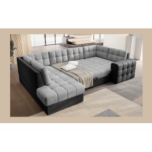 Canapé d’angle convertible MONTEZA gris et noir gauche 299 cm avec coffre et couchage 