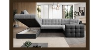 Canapé d’angle convertible MONTEZA gris et noir gauche 299 cm avec coffre et couchage 