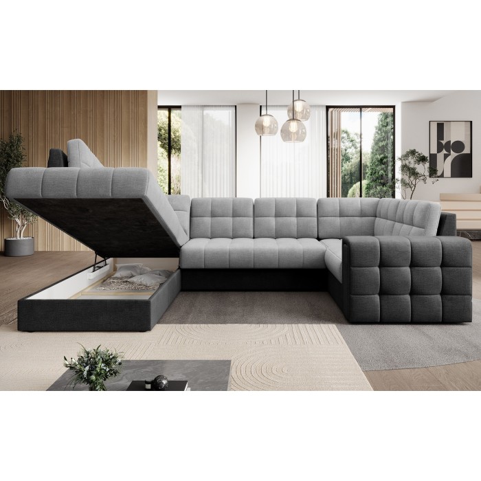 Canapé d’angle convertible MONTEZA gris et noir gauche 299 cm avec coffre et couchage 