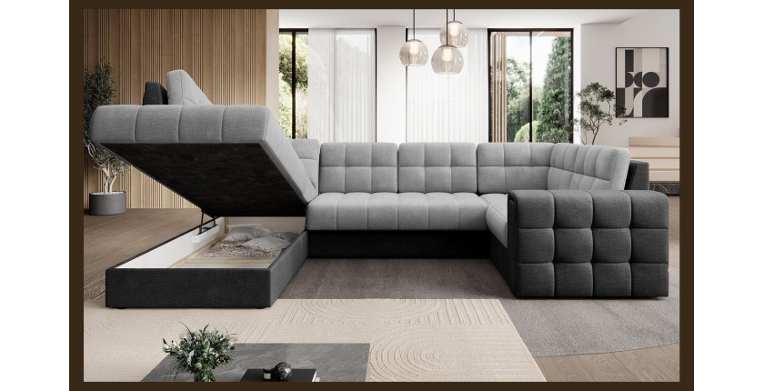 Canapé d’angle convertible MONTEZA gris et noir gauche 299 cm avec coffre et couchage 