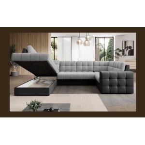 Canapé d’angle convertible MONTEZA gris et noir gauche 299 cm avec coffre et couchage 